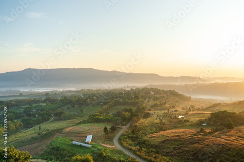 Morning sunrise viewpoint with the sea mist at Khao Kho in Thailand, soft focus.