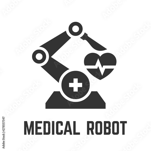 Medical robot icon with healthcare robot-assisted surgery for remote operation glyph symbol.