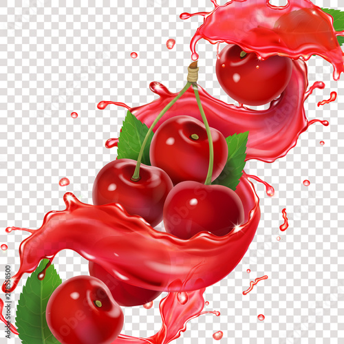 Cherry fresh juice splash for advertising. 3d realistic vector illustration for package design