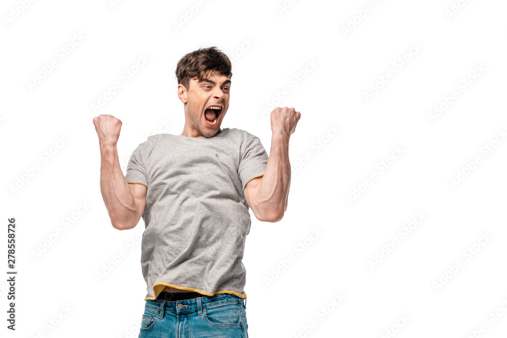 happy young man showing triumph gesture and screaming isolated on white happy young man showing triumph gesture and screaming isolated on white