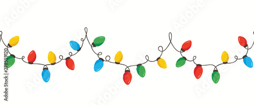Vector Colorful Retro Holiday Christmas New Year Intertwined String Lights Isolated Horizontal Seamles Border Background