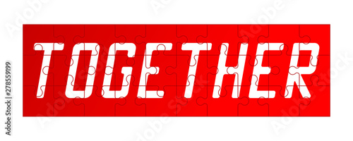 T shirt design with slogan - together on red puzzle grid. Typography graphics for tee shirt. Vector illustration.