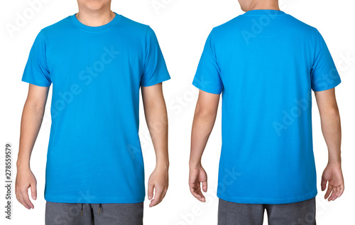 Blue t-shirt on a young man isolated on white background. Front and back view.