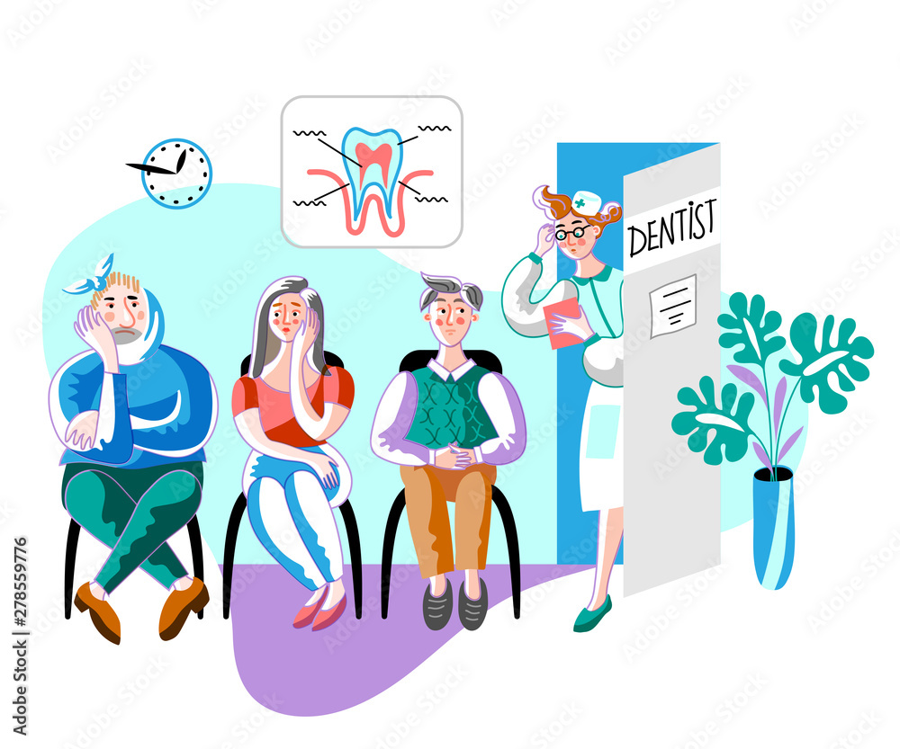 Patient in dental clinic hall flat illustration Patient in dental clinic hall flat illustration