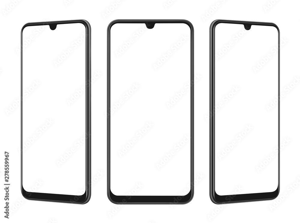 Front and perspective view of black smartphone with blank screen and modern frame less design isolated on white with clipping path Front and perspective view of black smartphone with blank screen and modern frame less design isolated on white with clipping path