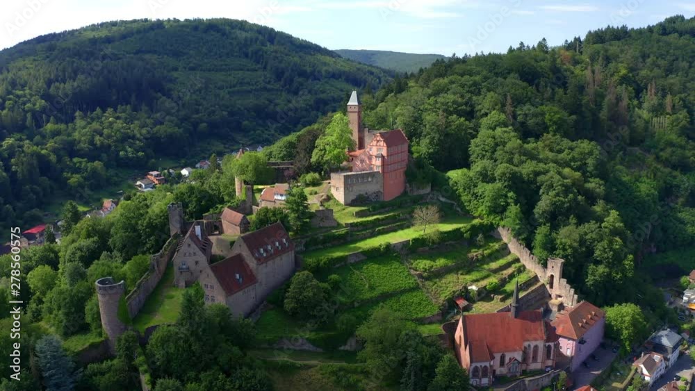 Aerial view, Flight at Castle Hirschhorn at river Neckar, Odenwald, Hesse, Germany, Aerial view, Flight at Castle Hirschhorn at river Neckar, Odenwald, Hesse, Germany,