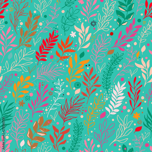 Floral seamless pattern with flowers, leaves and branch.