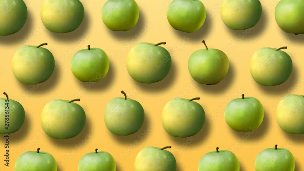 Colorful fruit pattern of fresh green apples on yellow background. 4k video. Colorful fruit pattern of fresh green apples on yellow background. 4k video.