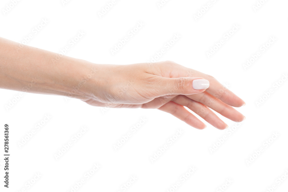Beautiful woman hand isolated on white background. Nail with nailpolish, manicure