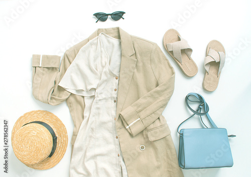 set of summer linnen outfin with dress, jacket, glases and shoes
