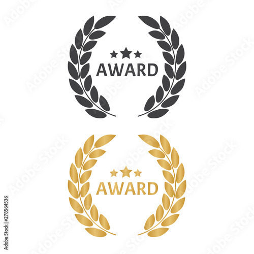 Award signs with laurel wreath. Laurel wreath with golden ribbon