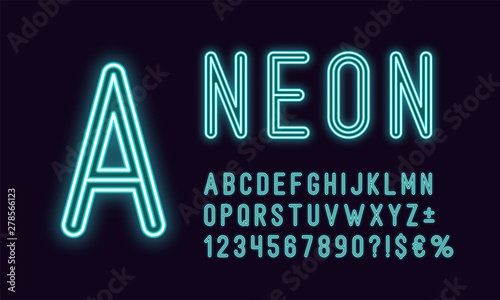 Neon rounded alphabet, Azure color. Outlined Font