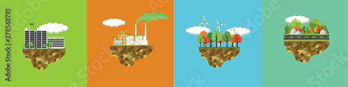 Four icon of environmental town, Industrial, Energy reform, and travel to nature. Floating on an island that saw the ground separated.