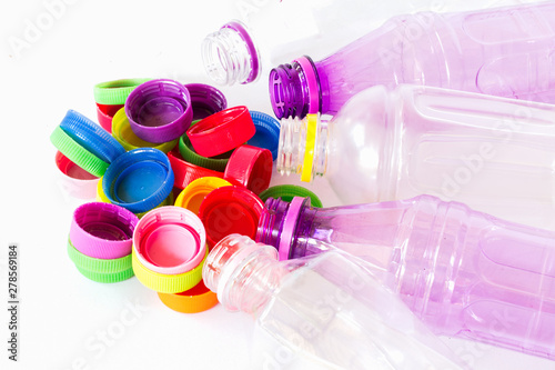 plastic bottles caps. recycling To conserve the environment concept on white background