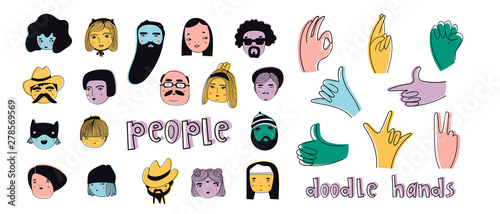Hand drawn big set of people faces and popular hand gestures. Perfect for social media, websites, avatars. Trendy icons collection. Vector illustration. All elements are isolated
