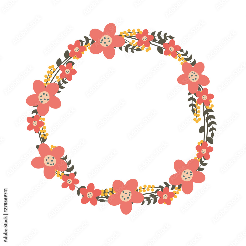 Flower wreath vector illustration with pink/coral color suitable for frame or wedding invitation decoration 
