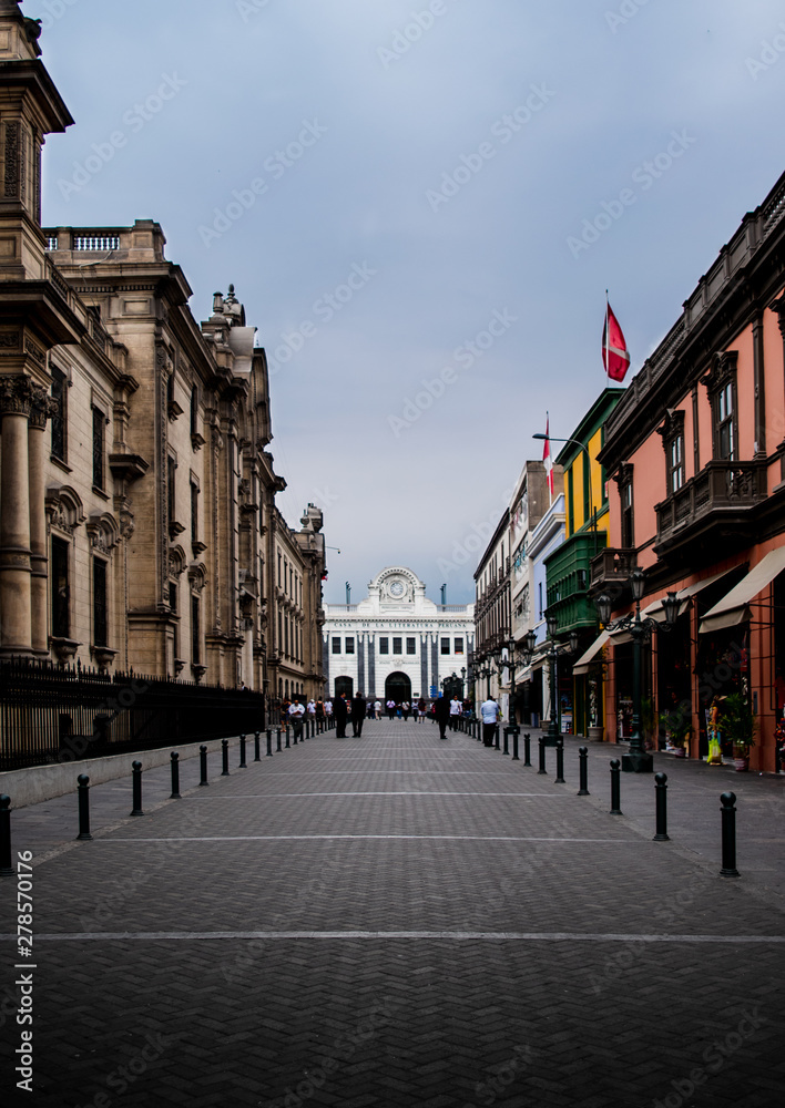 Empty anncient street and classical constructions in the historic center in Lima Peru