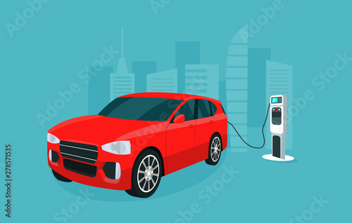 Red electric compact CUV isolated. Electric car is charging, isometric view. Vector flat illustration.