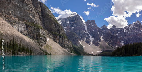 Beautiful turquoise waters of Lake Moraine, embraced by the Valley of the Ten Peaks in Banff National Park, Alberta, Canada