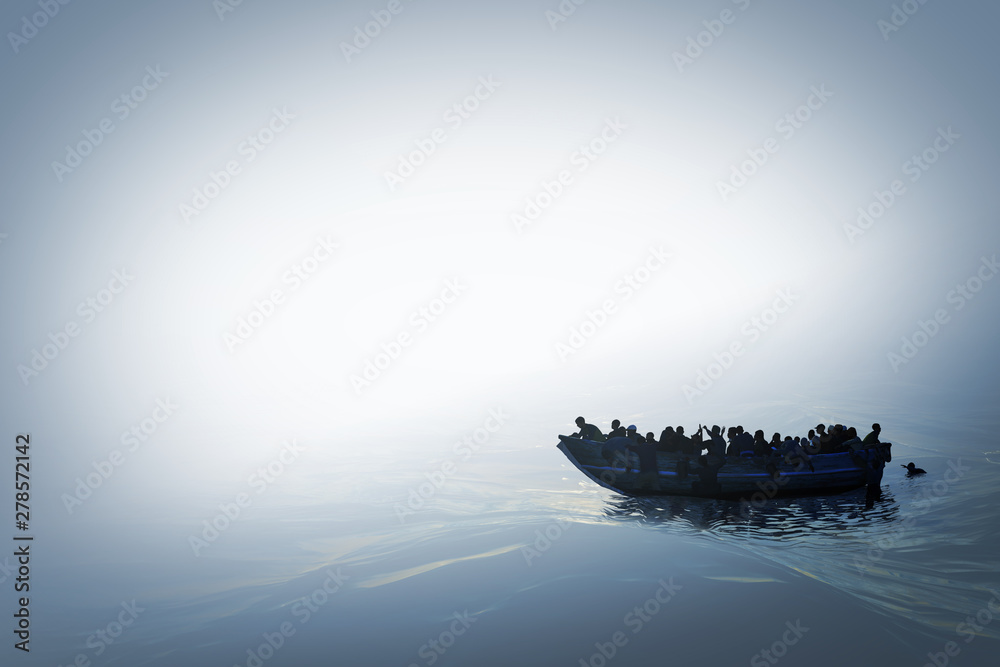 Illustration of a refugee boat on the sea in bright misty color and mysterious atmosphere.Hopeless people. 3D Render. - obrazy, fototapety, plakaty 