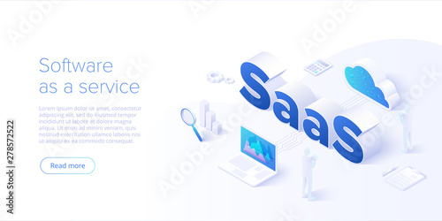 Saas isometric vector illustration. Software as service or on-demand concept background design. Cloud computing segment metaphor. Website banner layout template for webpage. photo