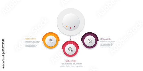 Business process chart infographics with 3 step circles. Circular corporate workflow graphic elements. Company flowchart presentation slide template. Vector info graphic design.