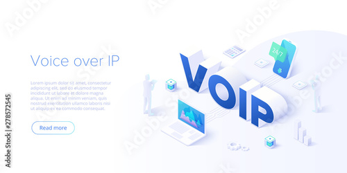 Voip isometric vector concept illustration. Voice over IP or internet protocol technology background. Network phone call software. Website layout template for web banners. photo