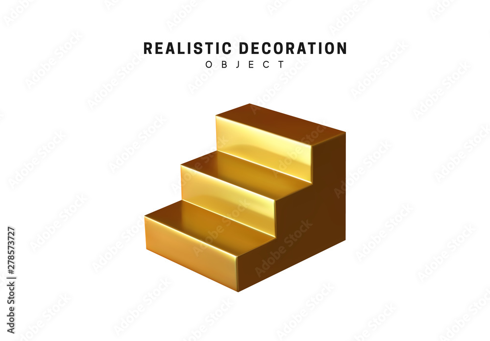Staircase and steps, ladder 3d objects isolated on white background. Gradient golden metal color shades. Realistic elements vector