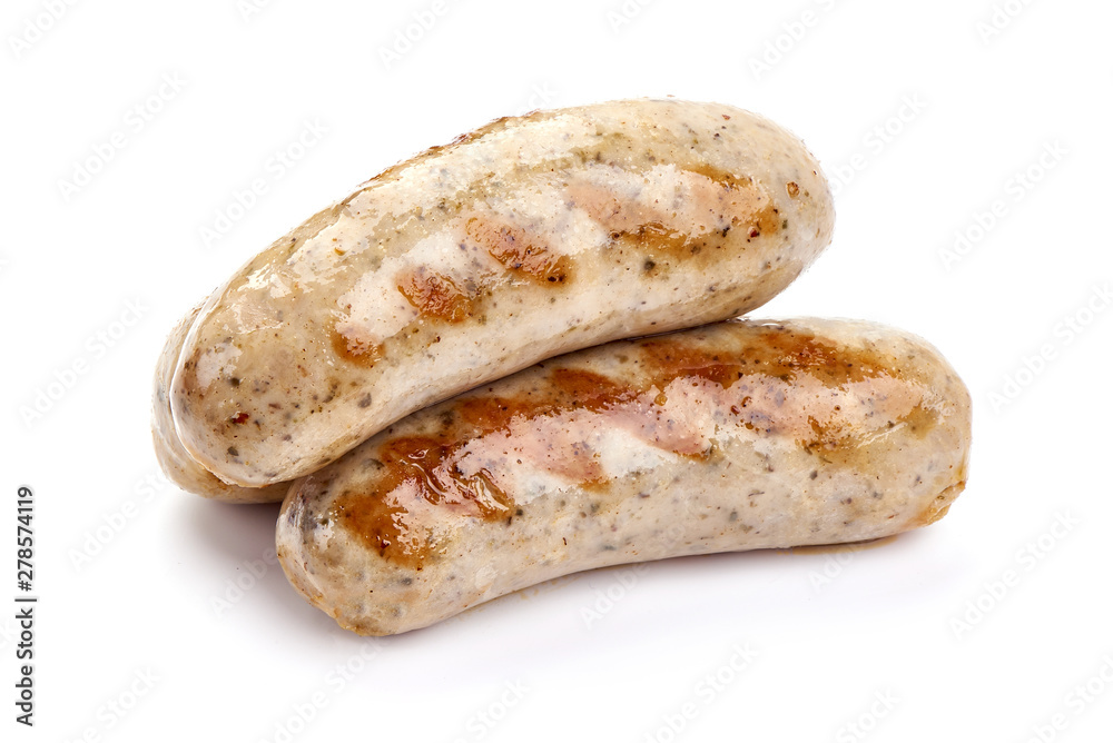 Grilled German Pork Sausages, munich sausage, close-up, isolated on white background Grilled German Pork Sausages, munich sausage, close-up, isolated on white background