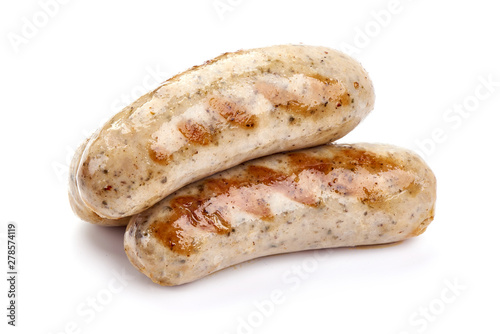 Grilled German Pork Sausages, munich sausage, close-up, isolated on white background