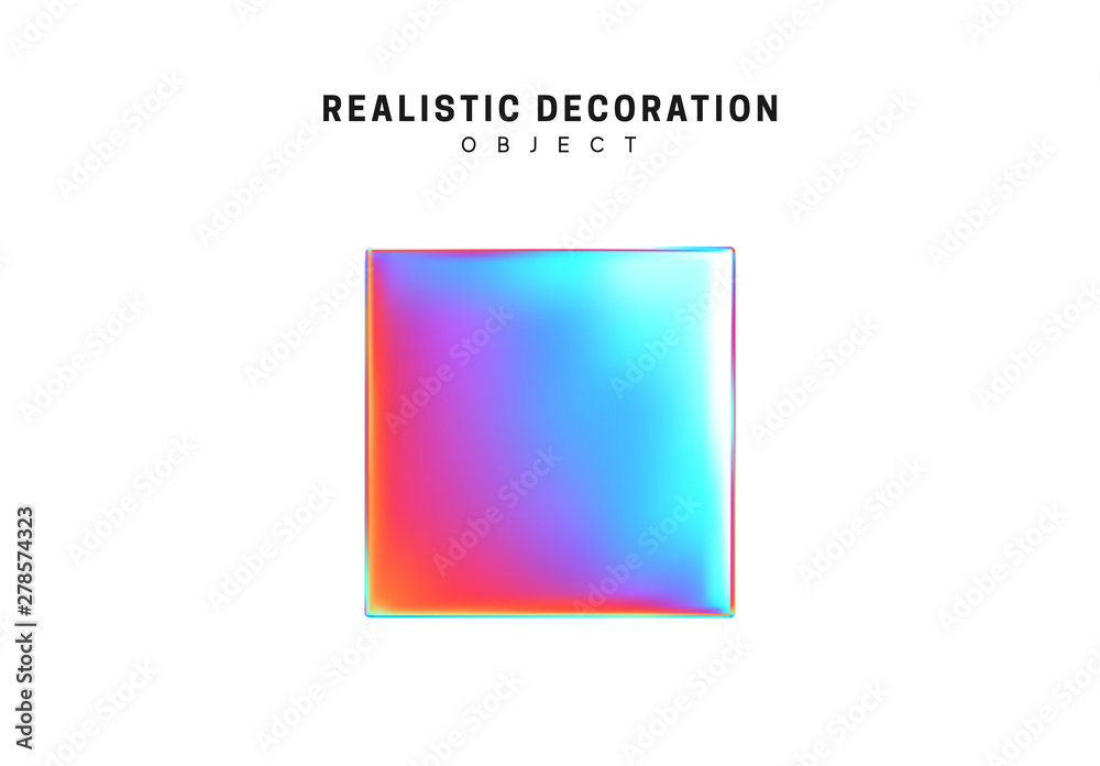 Square and cube. Realistic shape 3d objects with gradient holographic color of hologram. Decorative design elements isolated on white background. vector illustration