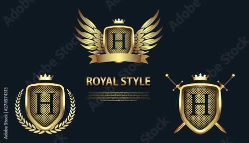 Set of modern heraldic shields with crowns and initial letter H isolated on black background. 3D letter monogram different shapes in golden style. Design elements for logo, label, emblem, sign, icon.