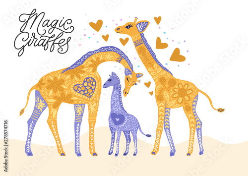 Cartoon giraffe vector flat illustration in scandinavian style. Magic giraffes family.