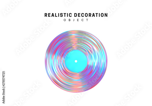 Flat Round music vinyl plate Realistic shape 3d objects with gradient holographic color of hologram. Geometric decorative design elements isolated on white background. vector illustration.