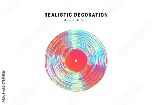 Flat Round music vinyl plate Realistic shape 3d objects with gradient holographic color of hologram