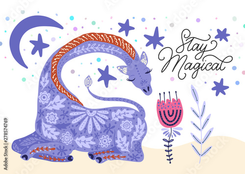 Cartoon giraffe vector flat illustration in scandinavian style. Magical african animal with lettering quote - stay magical.