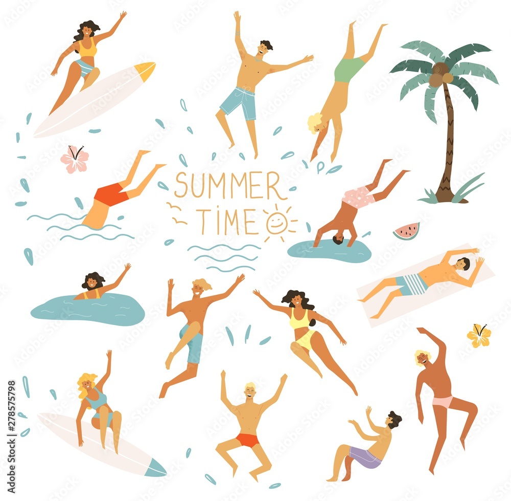 Set of vector cute summer icons: peoples swimming, tropical flowers, ice cream, palm leaves, fruits and things for swimming at the beach . Bright summertime poster. Set of vector cute summer icons: peoples swimming, tropical flowers, ice cream, palm leaves, fruits and things for swimming at the beach . Bright summertime poster.