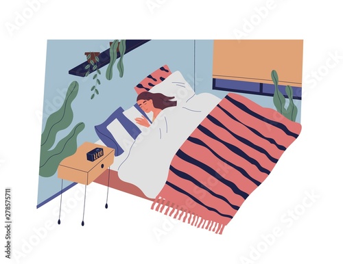 Funny girl or woman sleeping in bedroom at night. Female character lying in comfy bed and falling asleep. Repose and relaxation in everyday life. Colorful vector illustration in flat cartoon style.