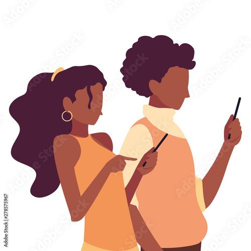 young man and woman using smartphone social media