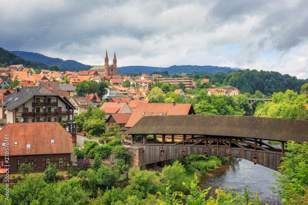 An old wooden bridge in the German town of Forbach. Germany. Black Forest.