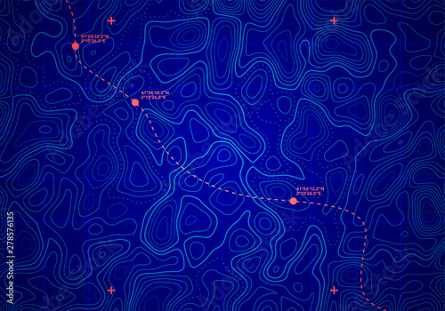 Vector Sea Depth Topographic Map With Route And Coordinates Conceptual User Interface Blue Abstract Background. photo