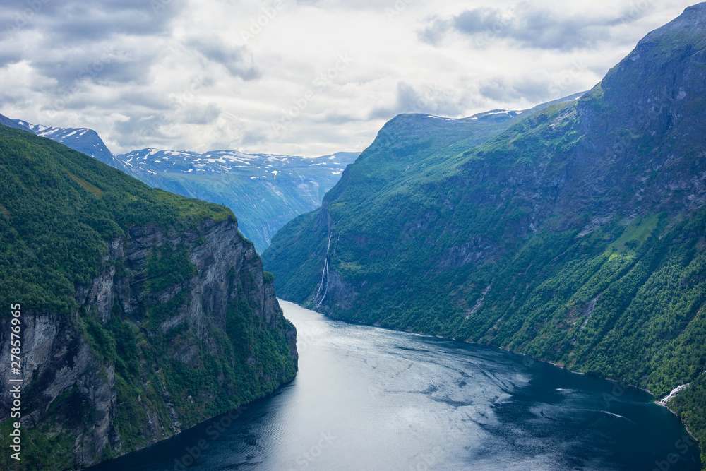 The Geirangerfjord in Sunnmore region, Norway, one of the most beautiful fjords in the world, included on the UNESCO World Heritage. View from above. 