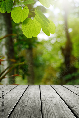 Wooden table and green leaf nature background.
