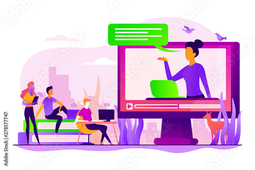 Futuristic school learning environment. On-demand webinar, lecturing. Online teaching, share your knowledge, English teacher online concept. Vector isolated concept creative illustration