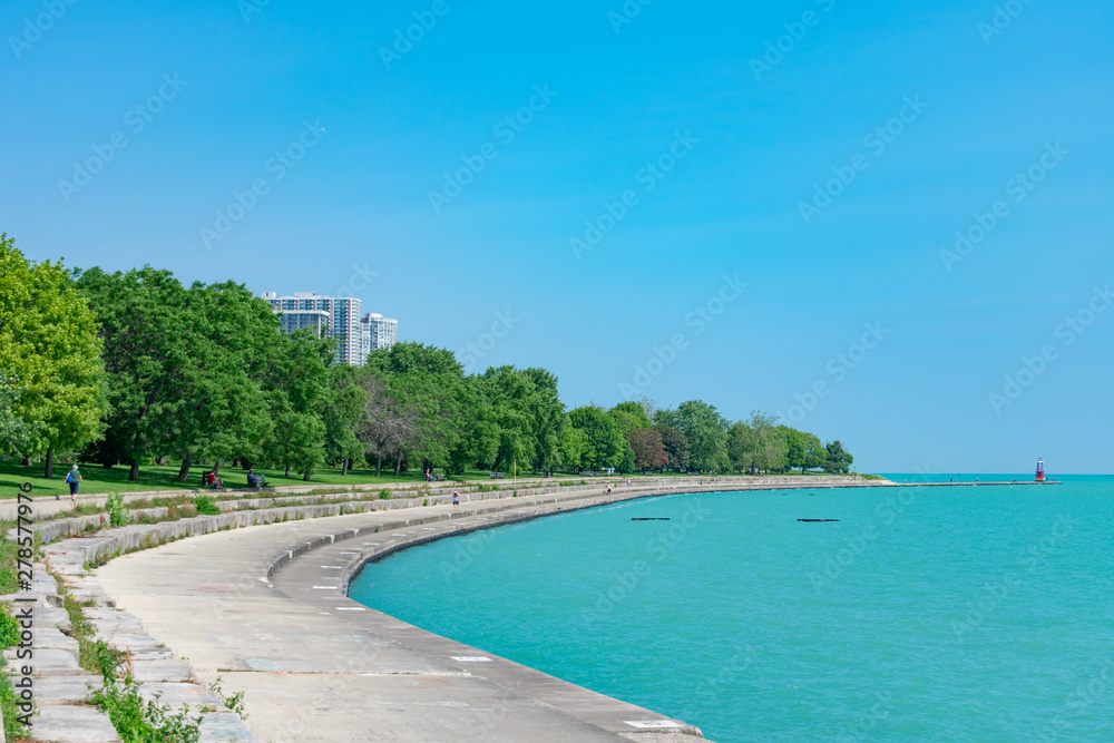 Lakefront Trail with Green Trees during Summer and Lake Michigan
