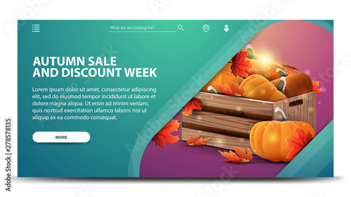 Autumn sale and discount week, modern green web banner for your website with wooden crates of ripe pumpkins and autumn eaves