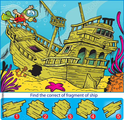 Vector illustration with a puzzle, in that it is necessary to find the correct fragment of piece of the sunken ship.