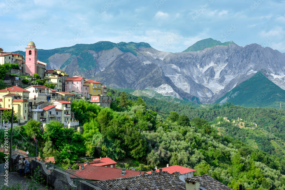 Beautiful typical italian landscape, view of the mountains with the Carrara quarries s