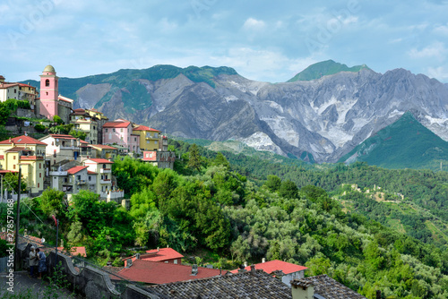 Beautiful typical italian landscape, view of the mountains with the Carrara quarries s