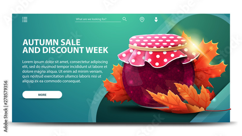 Autumn sale and discount week, modern green web banner for your website with jar of jam and maple leaves